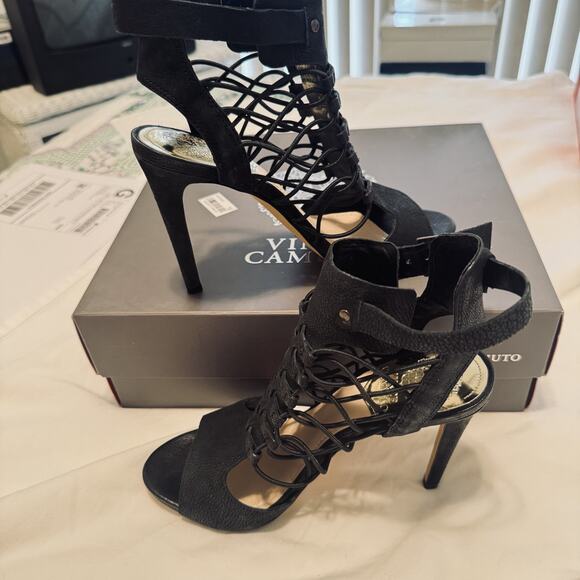 VINCE CAMUTO Formal Shoes Black Leather Caged Heels strappy sz 6.5 Fossel - Picture 1 of 8